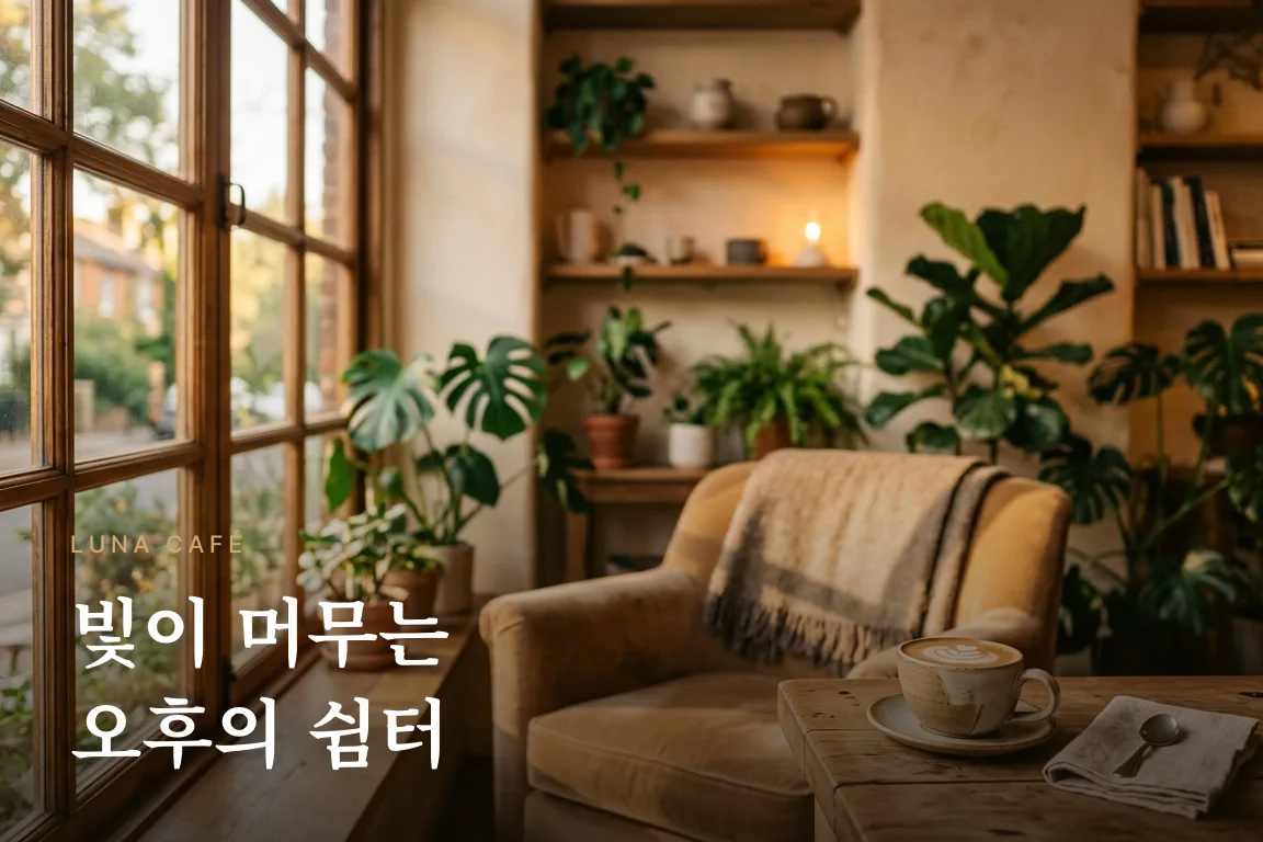 브랜드 비주얼 완성본 — 헤드라인 '빛이 머무는 오후의 쉼터'가 합성된 루나 카페 무드보드